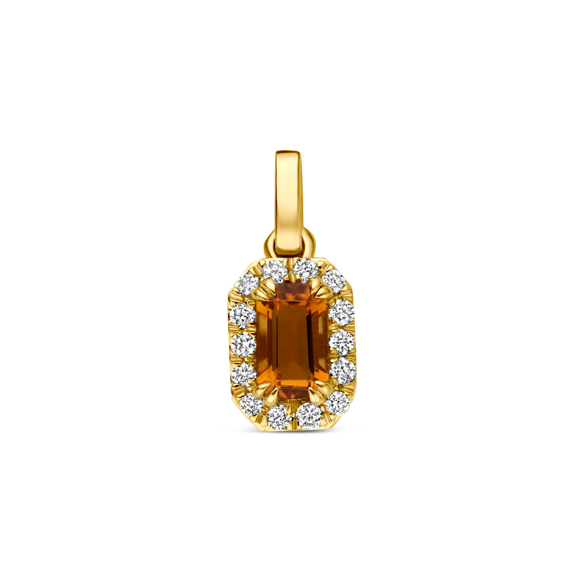 Vooraanzicht van de 14 karaat gouden halo hanger citrien met lab grown diamant 0,08 ct, 7,5 mm hoog en 5,5 mm breed.
