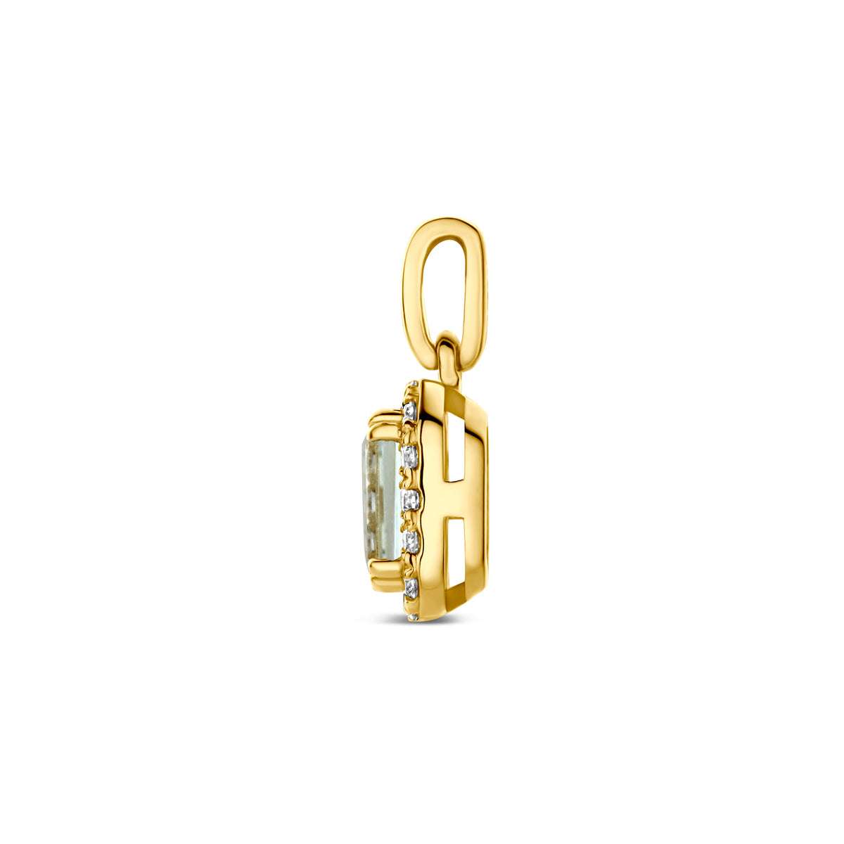 Zijaanzicht van de 14 karaat gouden halo hanger groene amethist met lab diamant 0,08 ct, zodat de diepte van de hanger zichtbaar is.
