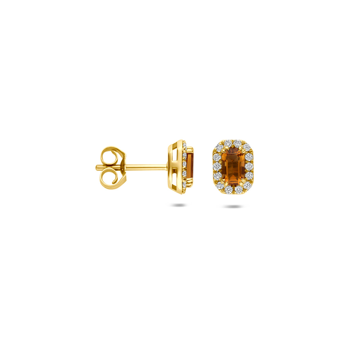 Voor- en zijaanzicht van de 14 karaat gouden halo oorknoppen citrien met lab diamant 0,16 ct, met één oorbel van opzij zodat de sluiting zichtbaar is.