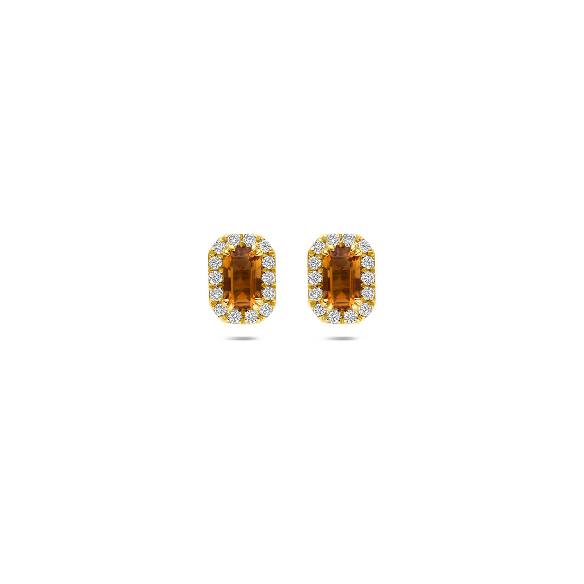 Vooraanzicht van de 14 karaat gouden halo oorknoppen citrien met lab diamant 0,16 ct, 7,5 mm hoog en 5,5 mm breed.