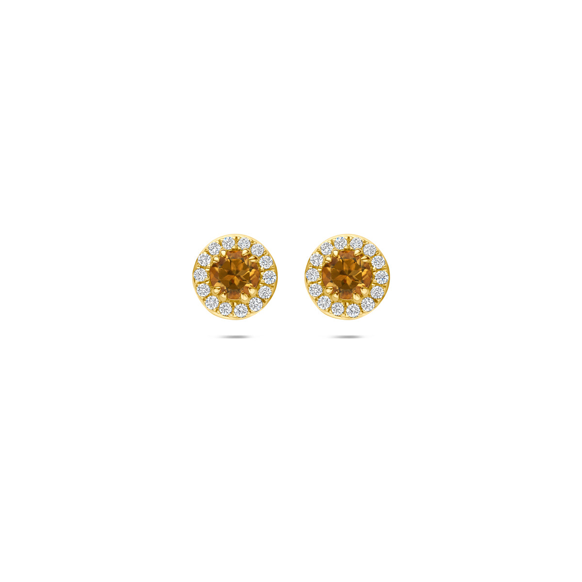 Vooraanzicht van de 14 karaat gouden halo oorknoppen citrien met lab diamant 0,16 ct.