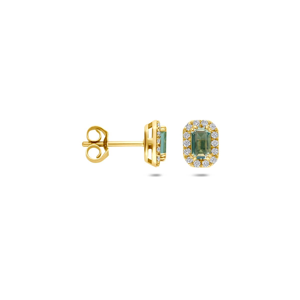 Voor- en zijaanzicht van de 14 karaat gouden halo oorknoppen groene amethist met lab diamant 0,16 ct, met één oorbel van opzij zodat de sluiting zichtbaar is.