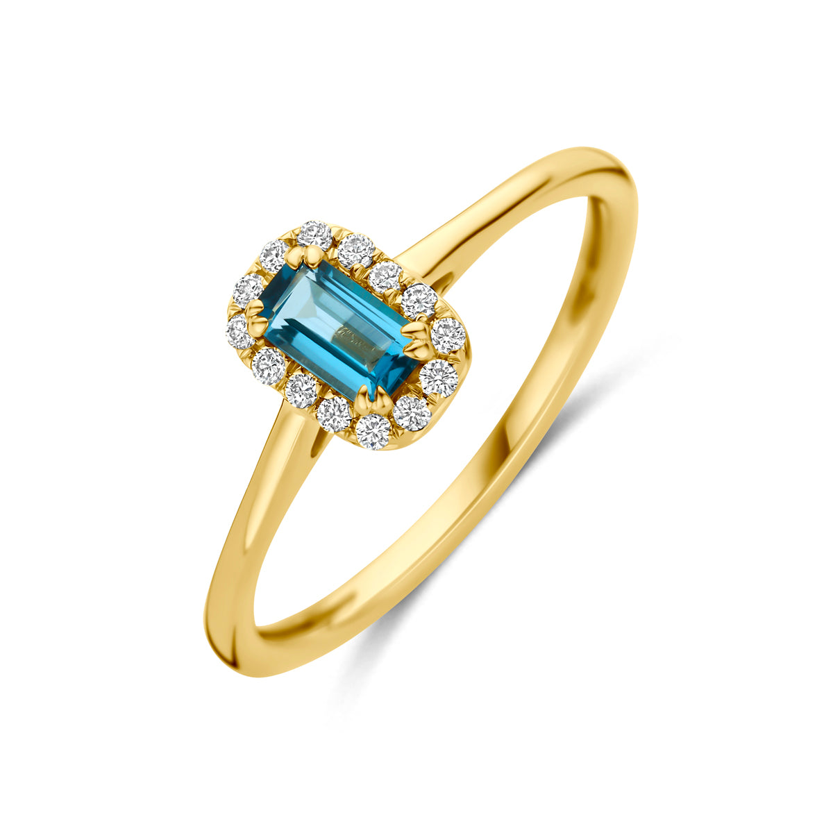 Schuin bovenaanzicht van de 14 karaat gouden halo ring london blue topaas met lab diamant 0,08 ct, 7,5 mm breed en 5,5 mm hoog.