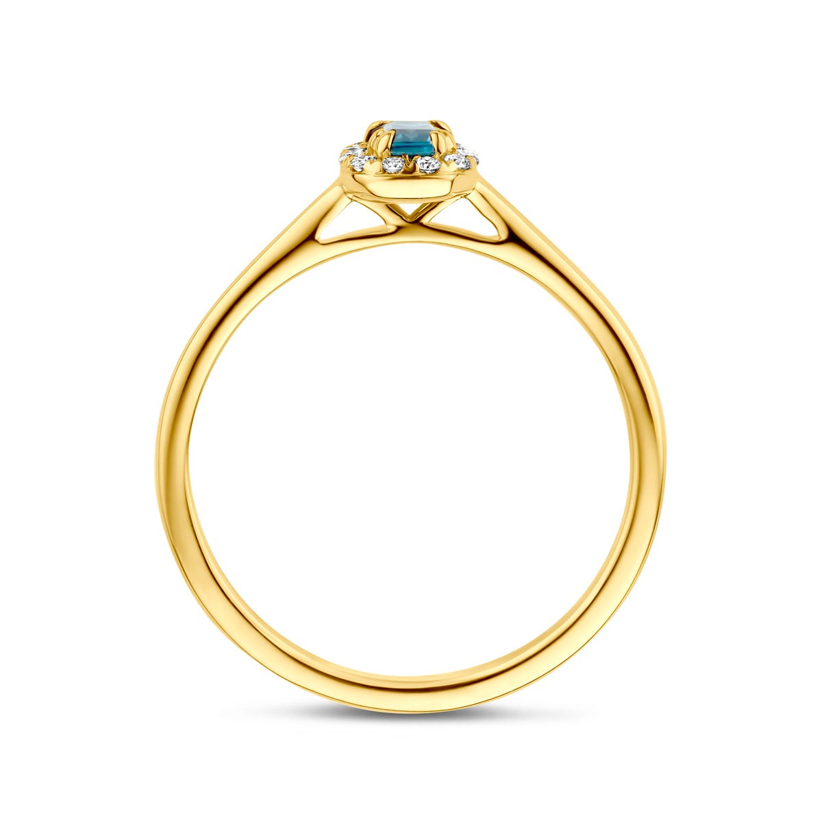 Zijaanzicht van de 14 karaat gouden halo ring london blue topaas met lab diamant 0,08 ct, zodat het profiel van de ring zichtbaar is.