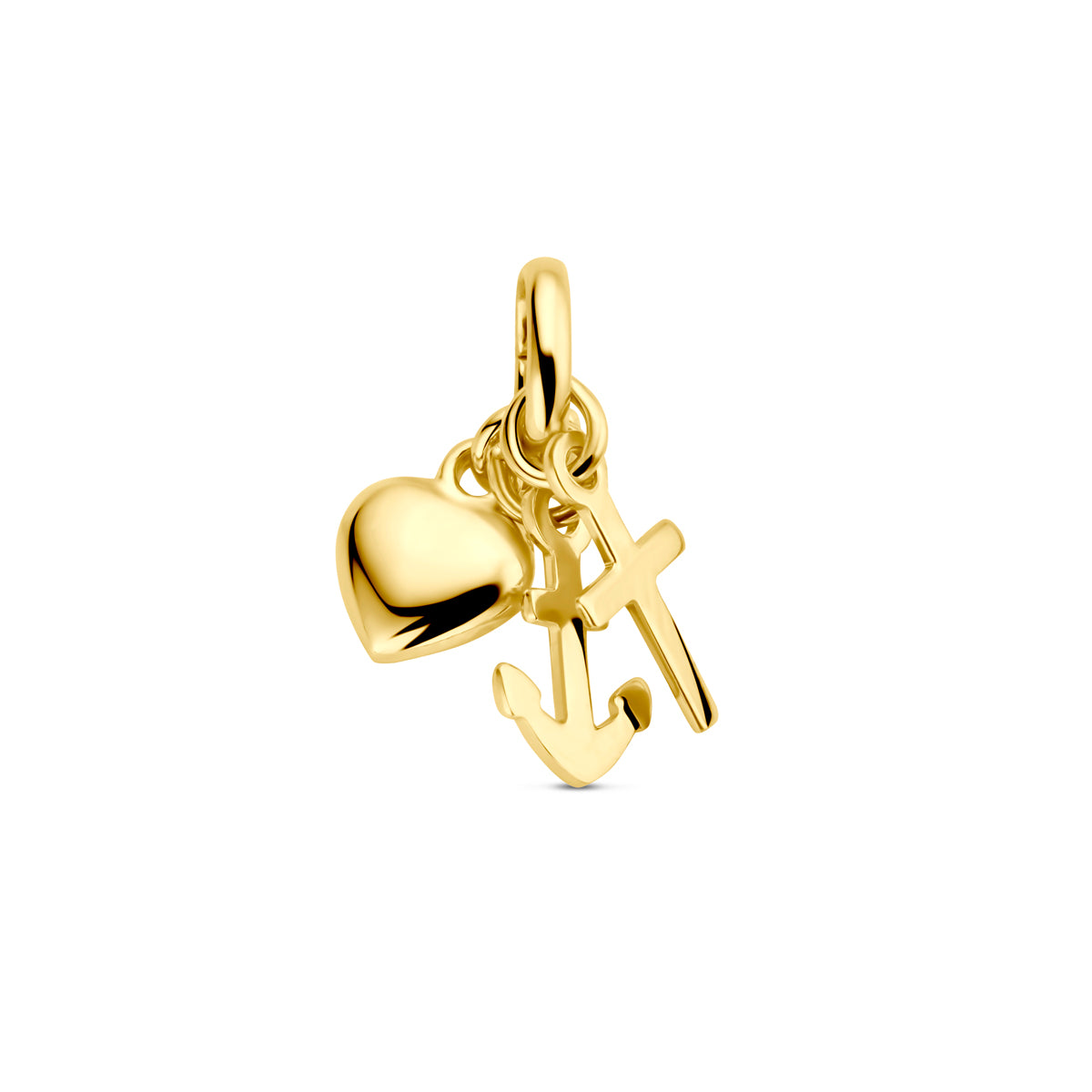 Een 14 karaat geelgouden hanger 'Mira' met een kruis, anker en hart als symbool voor geloof, hoop en liefde.