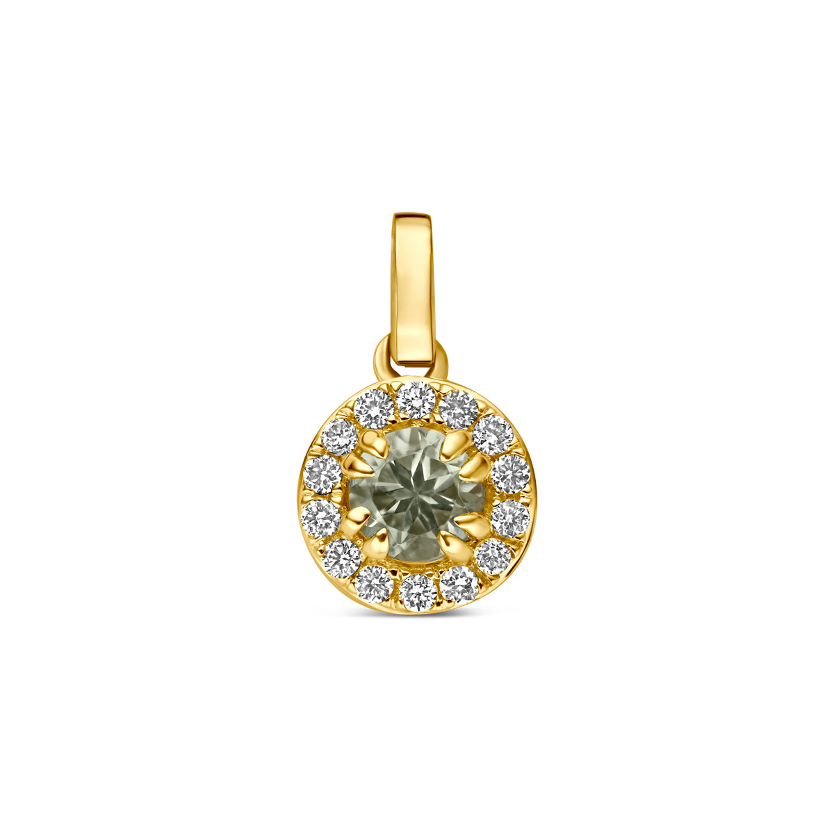 Vooraanzicht van de 14 karaat gouden hanger groene amethist halo lab diamant 0,08 ct.
