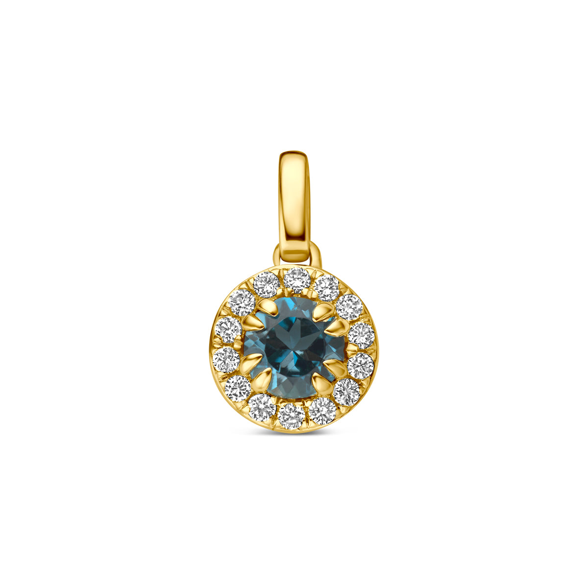 Vooraanzicht van de 14 karaat gouden hanger london blue topaas halo lab diamant 0,08 ct.