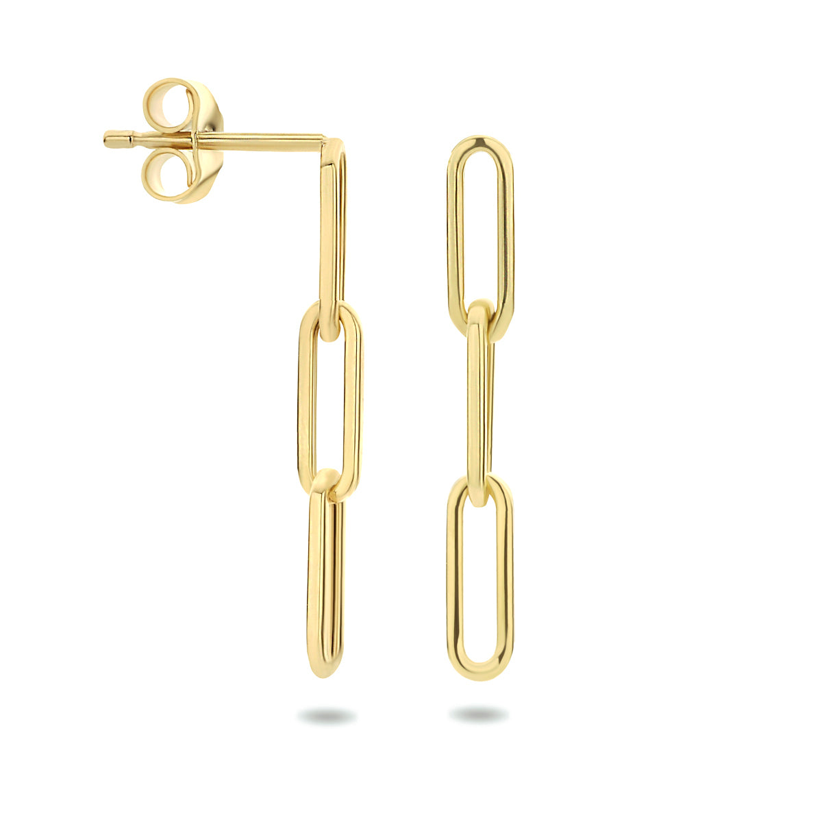 Zijaanzicht van de paperclip oorhangers, tonend de constructie van de schakels en de stevige steker.