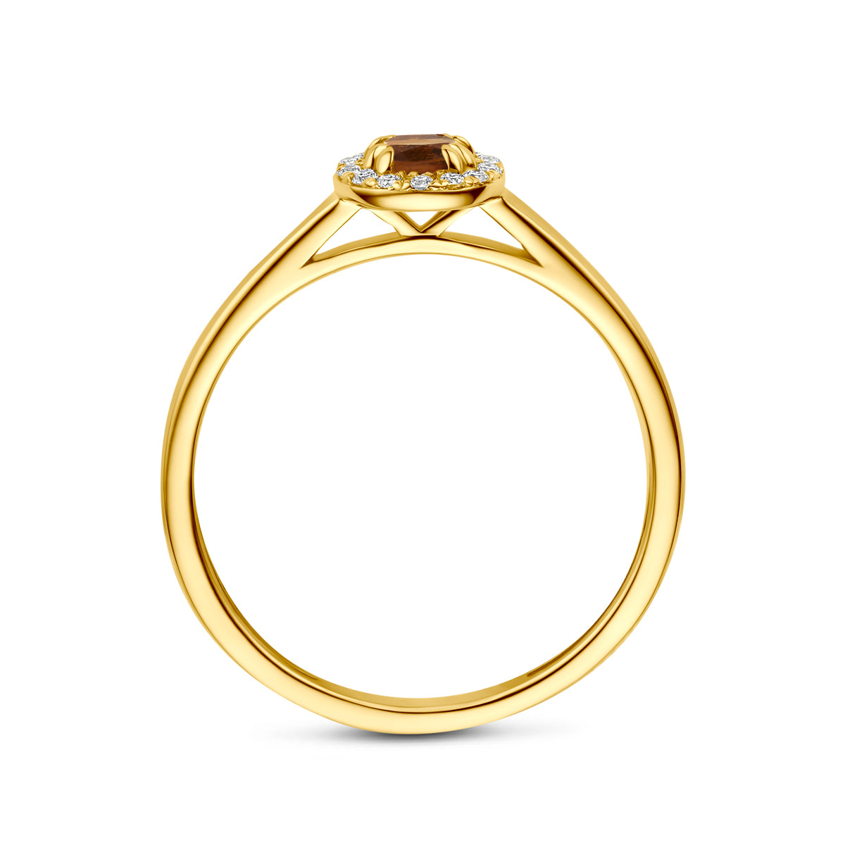 Zijaanzicht van de 14 karaat gouden ring citrien halo lab grown diamant 0,08 ct, zodat het profiel van de ring zichtbaar is.