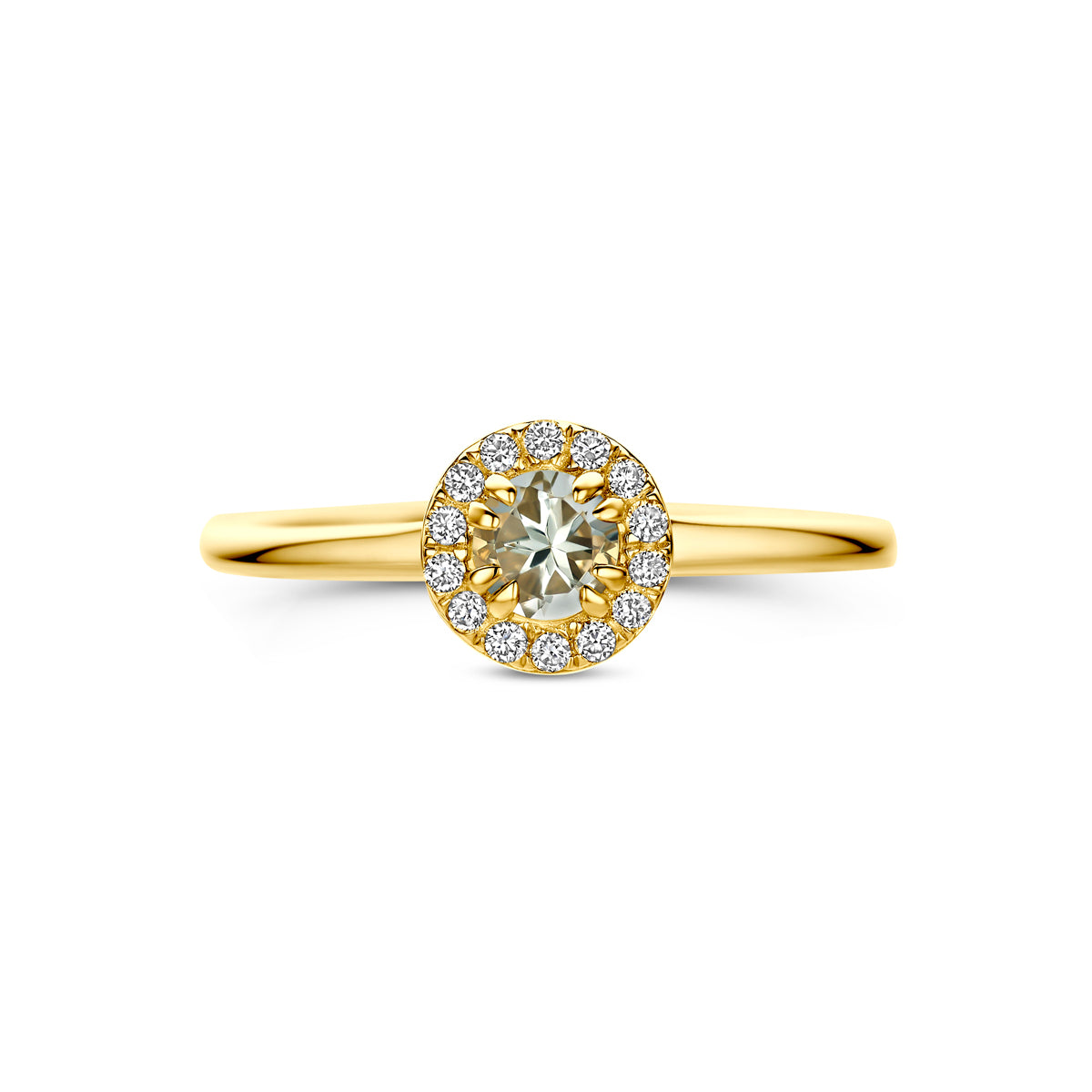 Bovenaanzicht van de 14 karaat gouden ring groene amethist halo lab diamant 0,08 ct, plat liggend van bovenaf gezien.