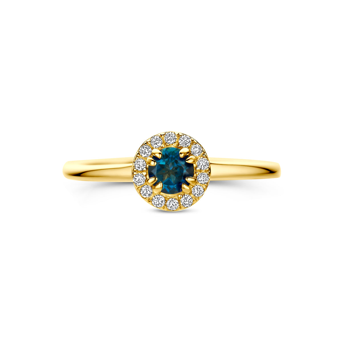 Bovenaanzicht van de 14 karaat gouden ring london blue topaas halo lab diamant 0,08 ct, plat liggend van bovenaf gezien.