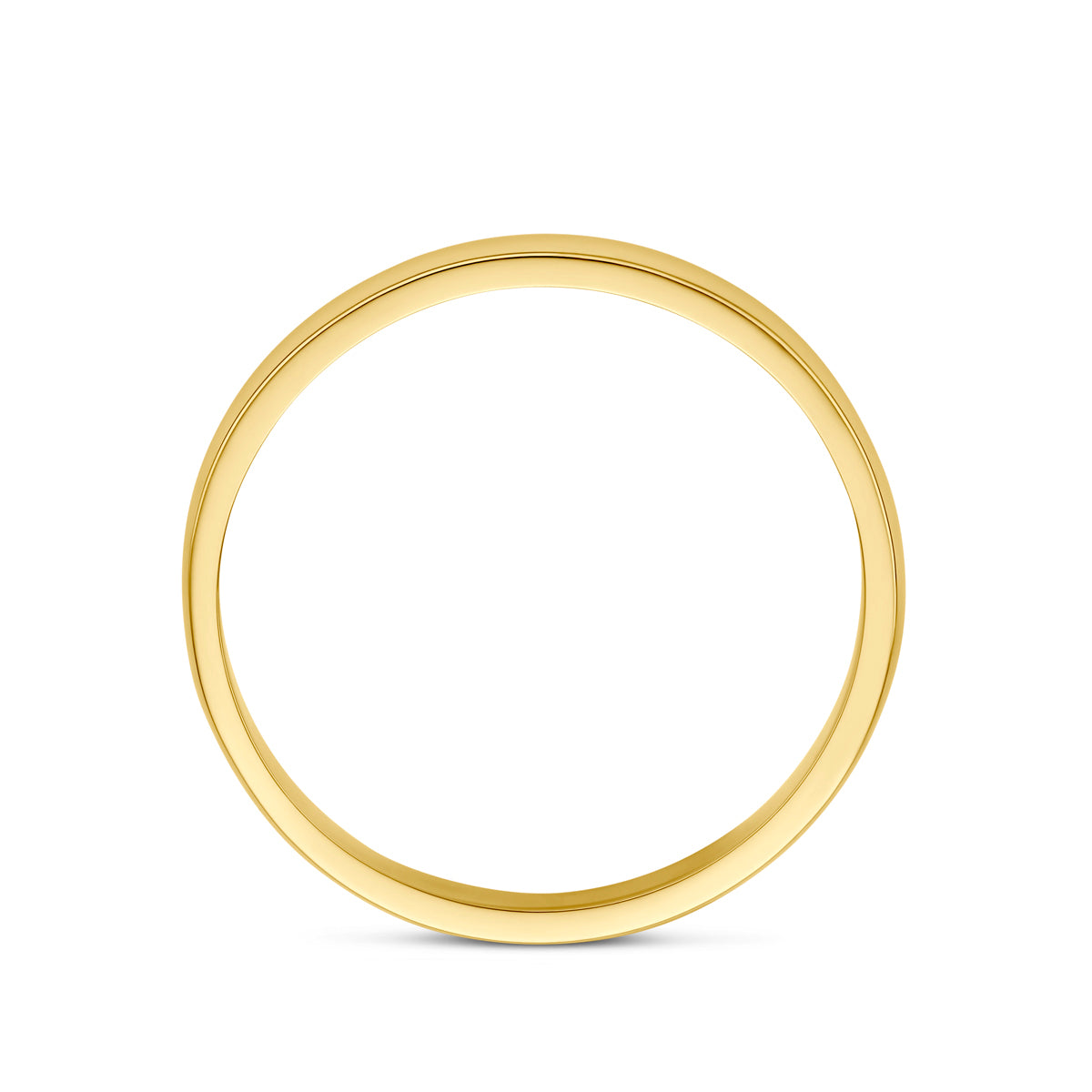 Zijaanzicht van de massief geelgouden ring 'Noor', dat het licht bolvormige profiel en de dikte van de band laat zien.