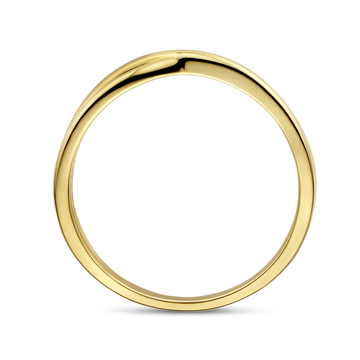 Zijaanzicht van de 'Onda' ring, tonend de stevige massief gouden band en de splitsing van de banen.