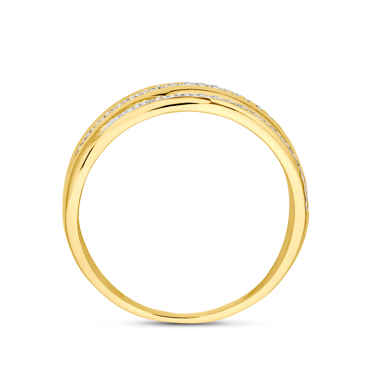 Zijaanzicht van de ring, dat de hoogte van de banen en de stevige constructie van het goud toont.