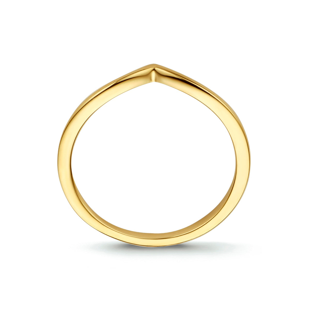Zijaanzicht van de 'Vieve' ring, dat de lichte buiging en de stevigheid van de gouden band laat zien.