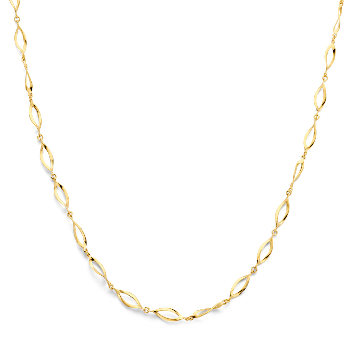 Vooraanzicht van het 14k gouden 'Folia' schakelcollier met organische, bladvormige schakels.