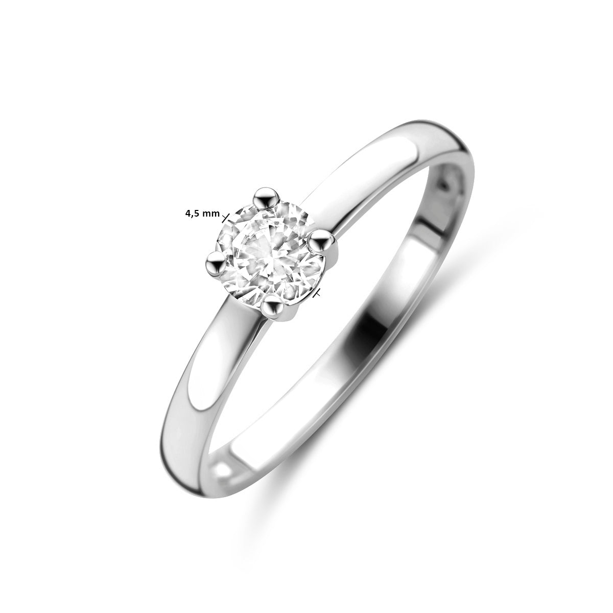 Technische afbeelding van de 14 karaat witgouden ring met zirkonia met afmetingen, 4,5 mm breed, verkrijgbaar in ringmaat 16 tot 18½.