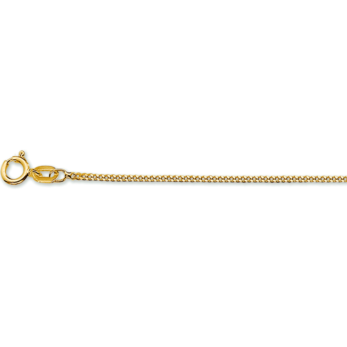 Vooraanzicht van het 14k geelgouden gourmette collier (1.2mm) op een witte achtergrond.
