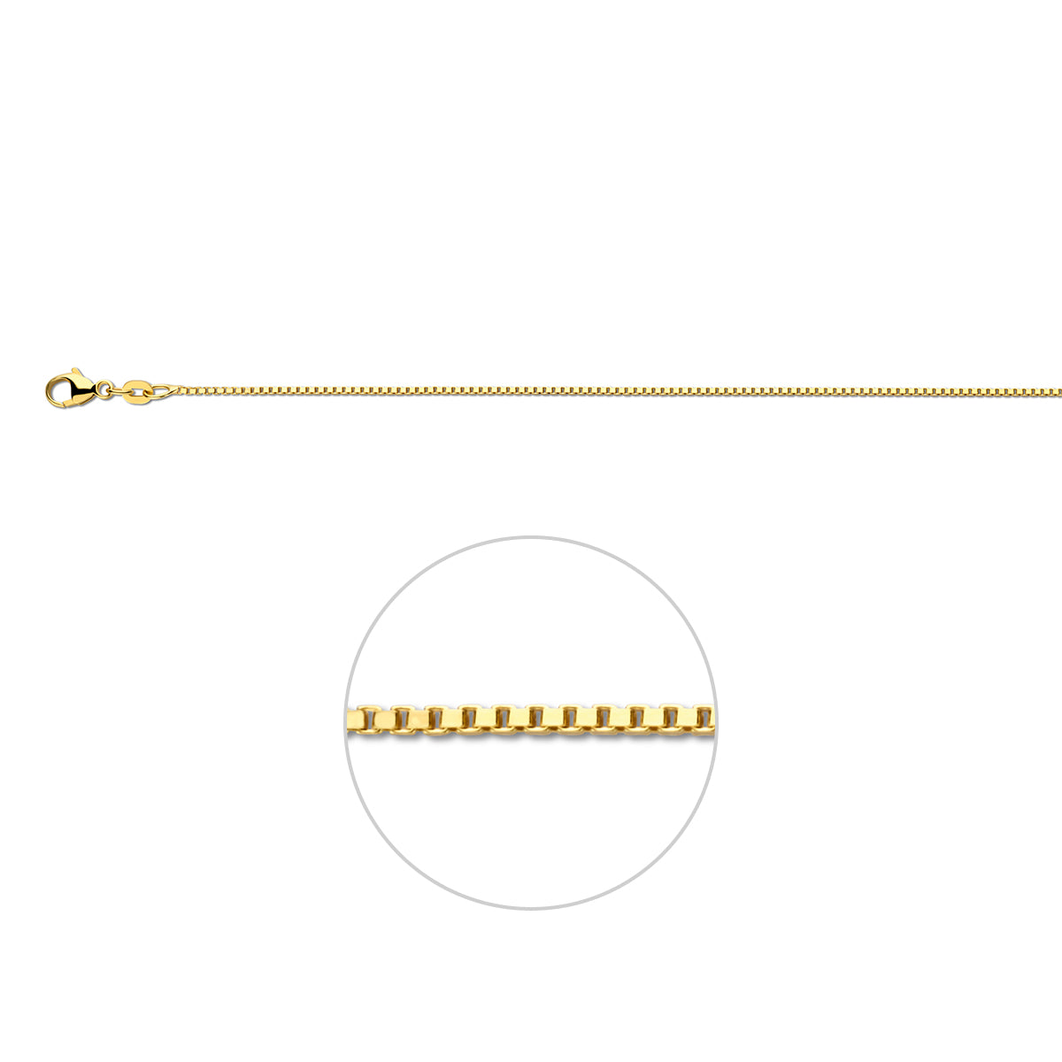 Gouden venetiaanse ketting: 18 karaat geelgouden venetiaanse halsketting van 1,1 mm breed, vooraanzicht