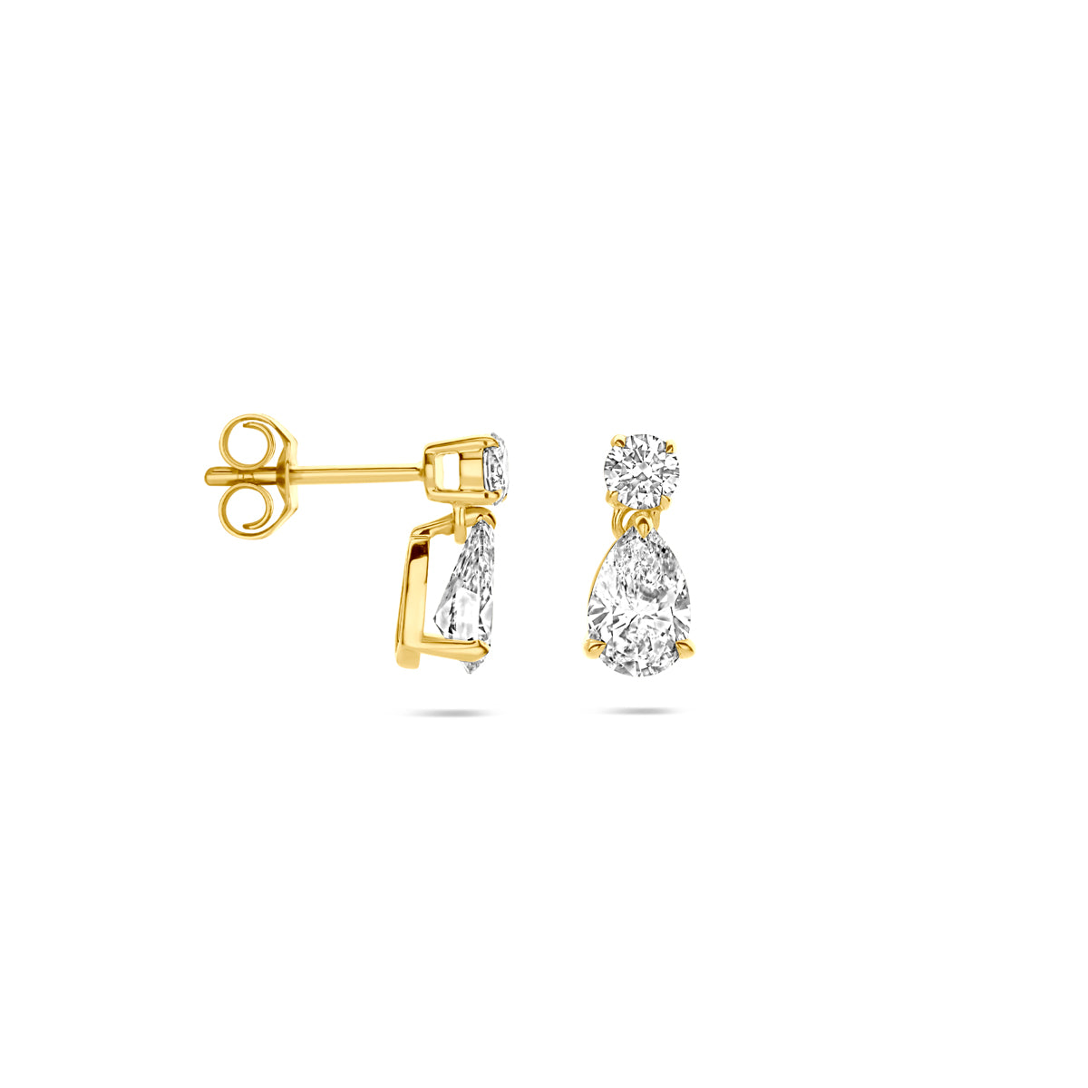 Zijaanzicht van de gouden lab grown diamant oorhangers