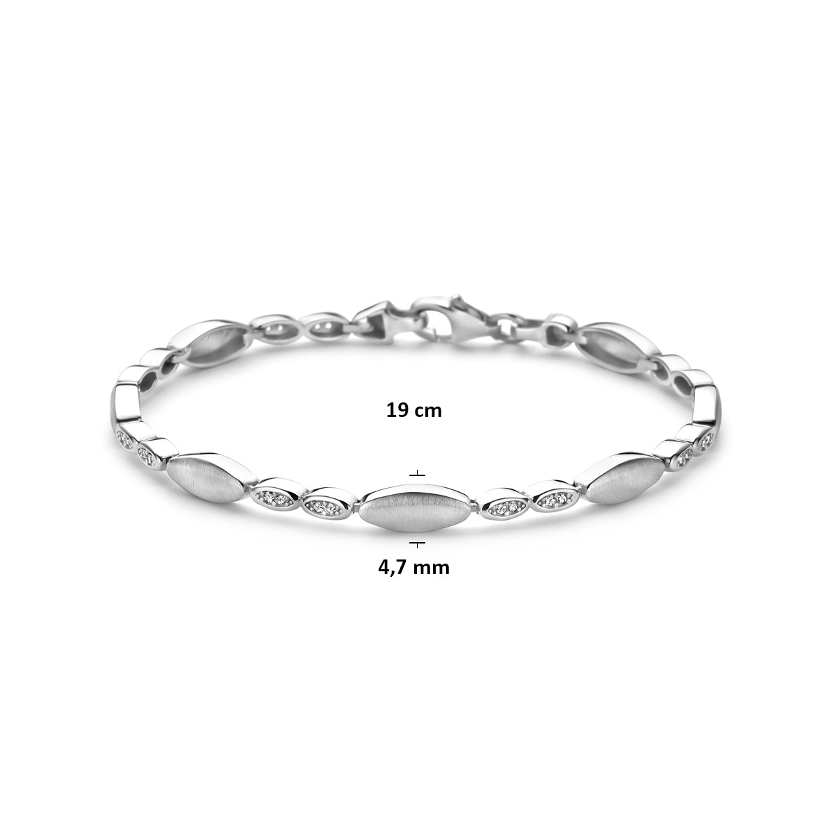 Technisch overzicht van de zilveren armband met zirkonia, 19 cm lang