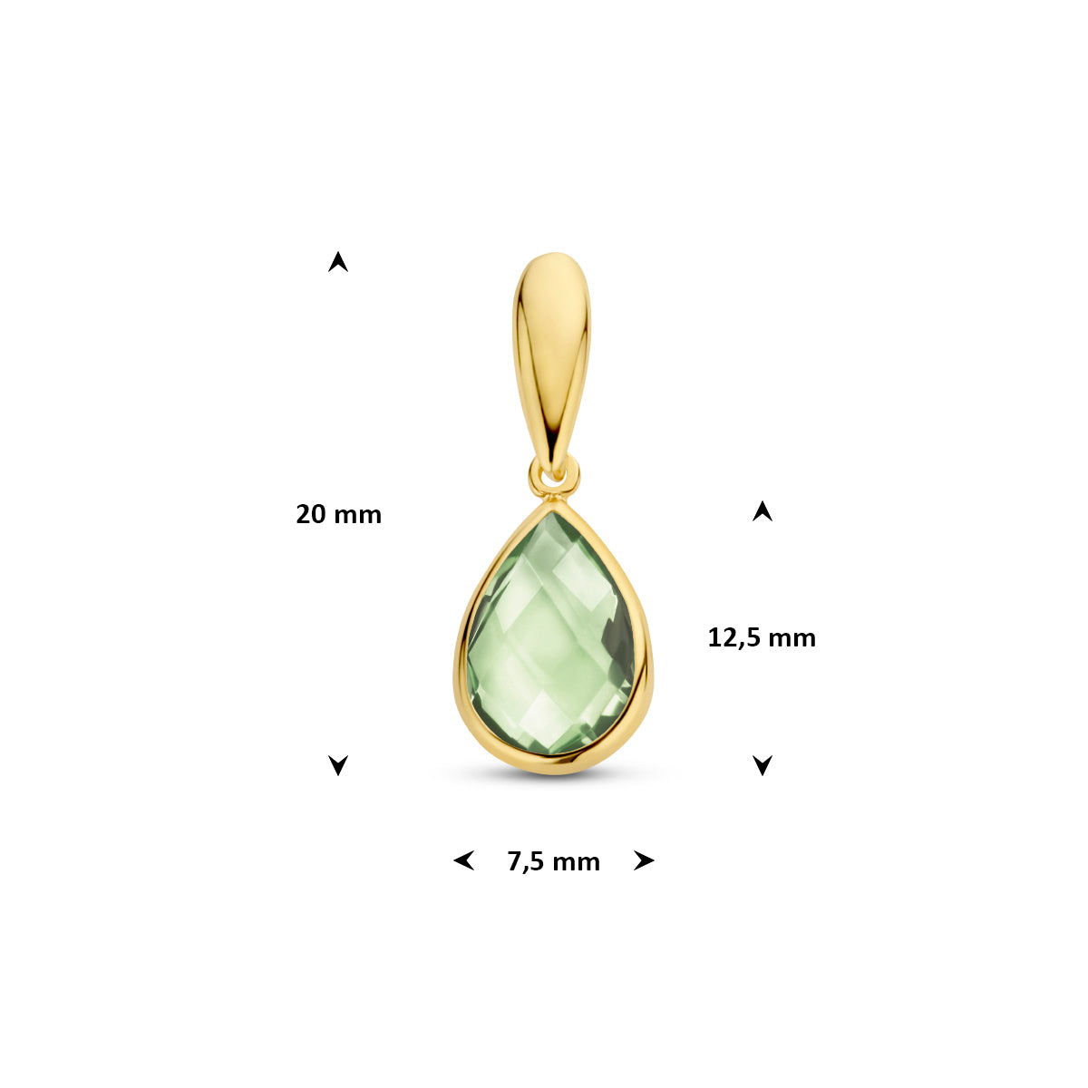 Technisch overzicht van de gouden hanger met amethist van 12,5 mm, 12,5 x 7,5 mm