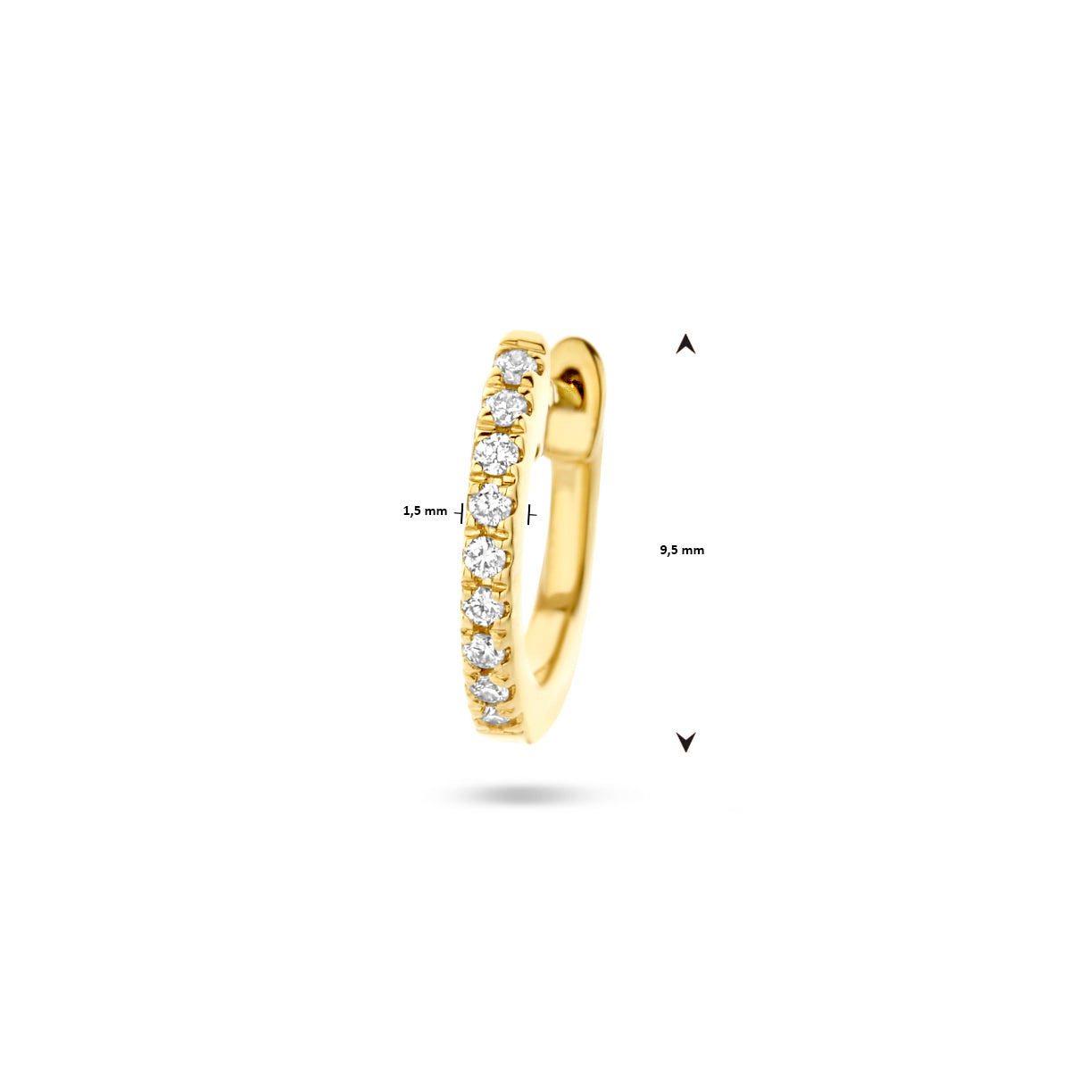 Afmetingen van de gouden klapoorring met diamant van 14 karaat: 9,5 mm hoog en 1,5 mm dik.