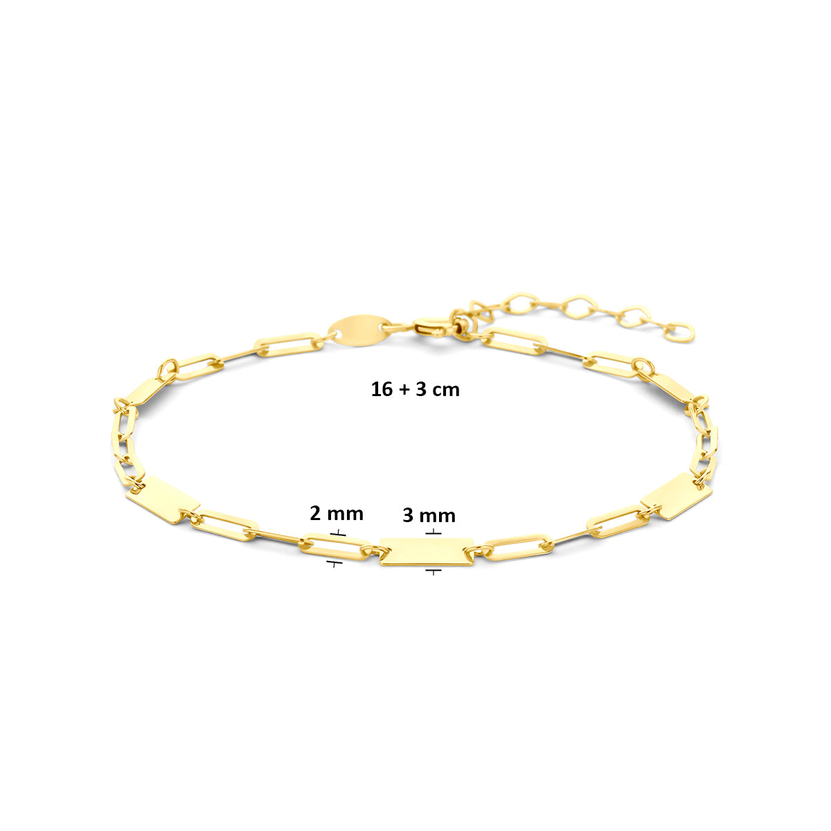 Afmetingen van de 9 karaat geelkleurige armband met plaatjes: verstelbaar van 16 tot 19 cm, schakel 3 mm