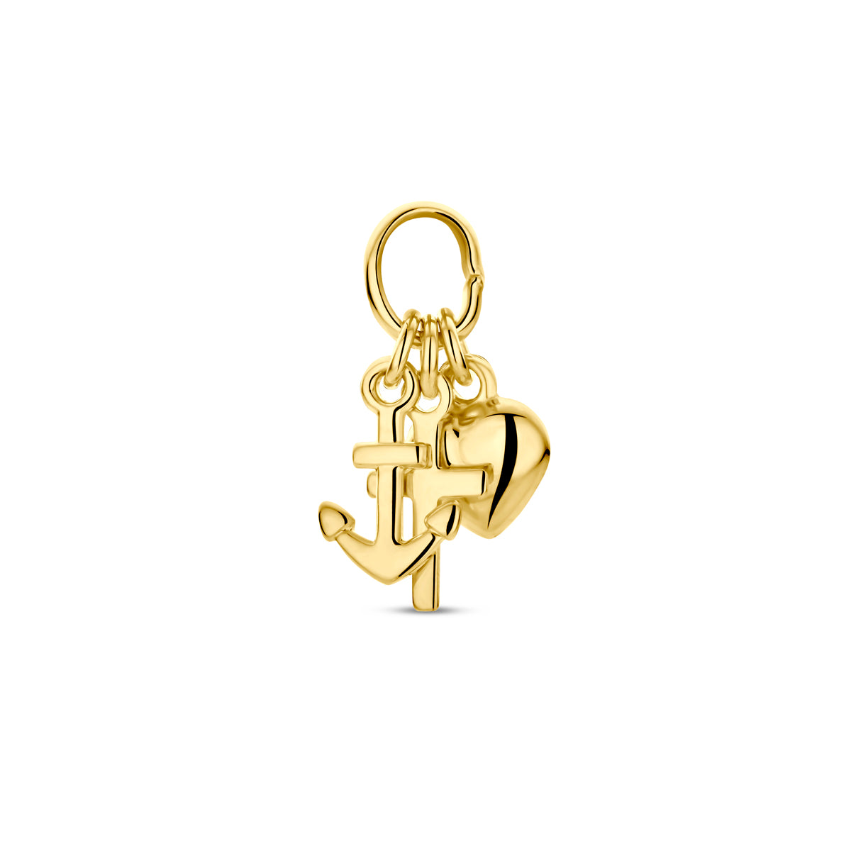 Zijaanzicht van de 9 karaat geelkleurige geloof hoop liefde hanger