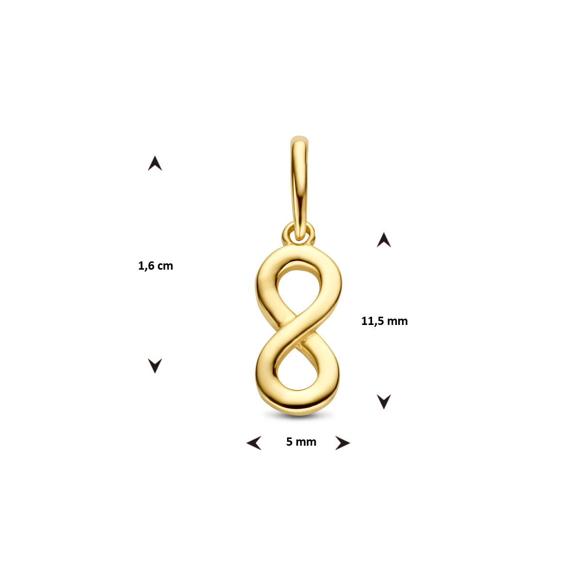 Afmetingen van de 9 karaat geelkleurige infinity hanger: 16 mm hoog inclusief oog