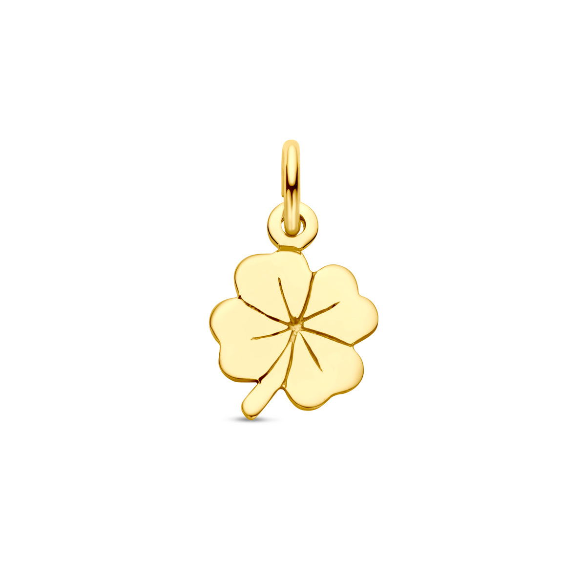 Vooraanzicht van de 9 karaat geelkleurige klavertje hanger (klavertje vier hanger), 11,5 mm