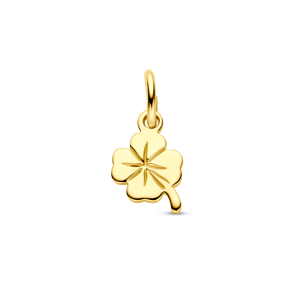 Vooraanzicht van de 9 karaat geelkleurige klavertje hanger (klavertje vier hanger), 7 mm