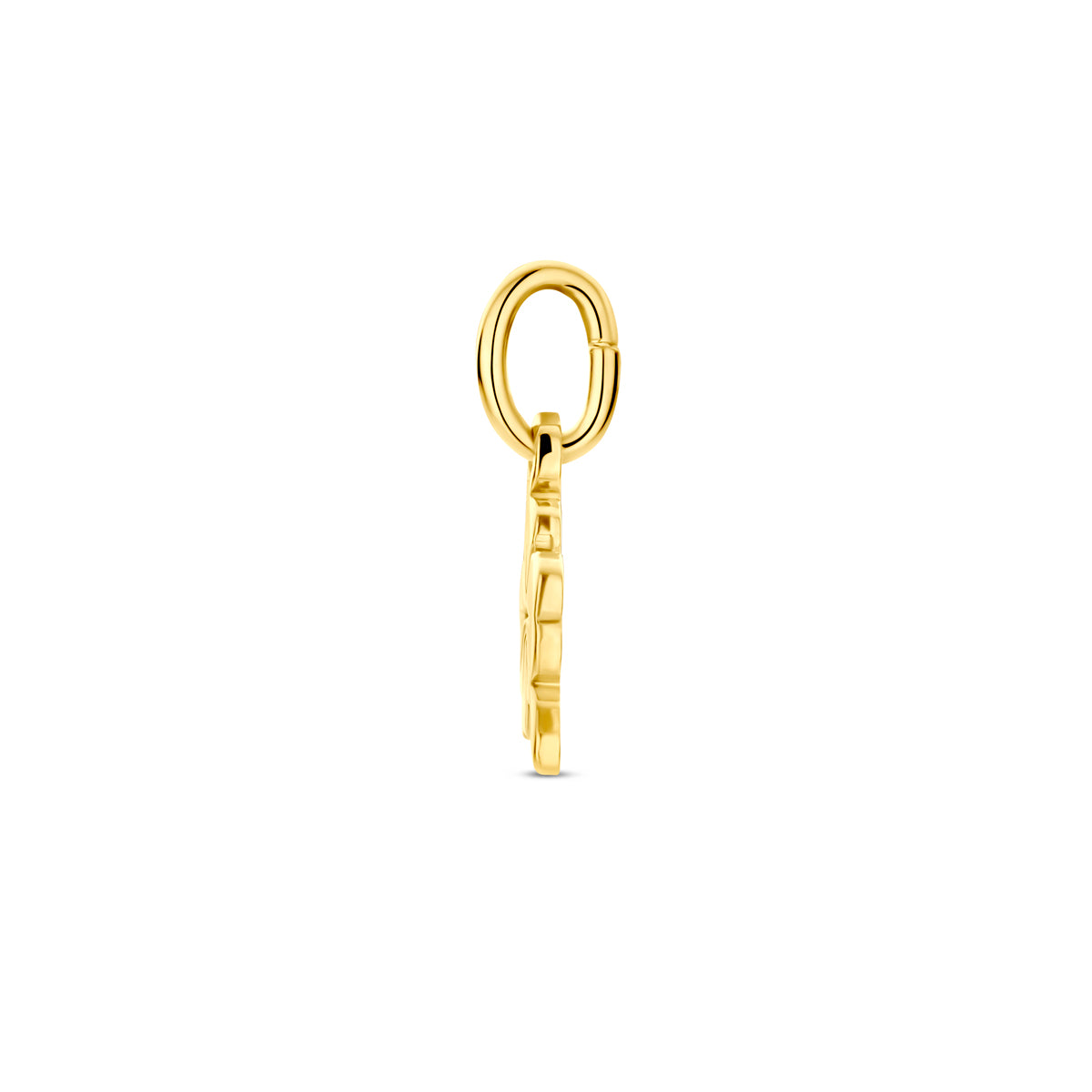 Zijaanzicht van de 9 karaat geelkleurige klavertje hanger (klavertje vier hanger), 7 mm