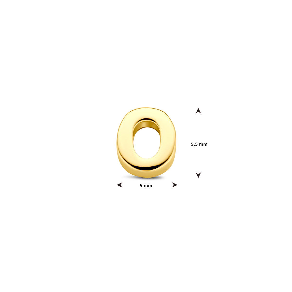 Afmetingen van de 9 karaat geelkleurige letterhanger, letter O: 5,5 mm hoog