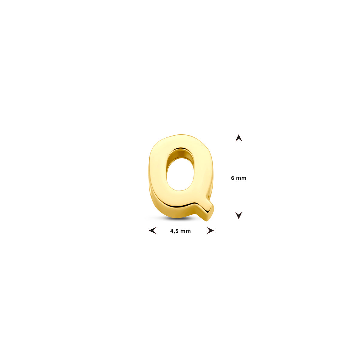 Afmetingen van de 9 karaat geelkleurige letterhanger, letter Q: 6 mm hoog