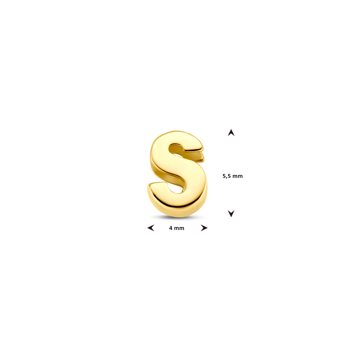 Afmetingen van de 9 karaat geelkleurige letterhanger, letter S: 5,5 mm hoog