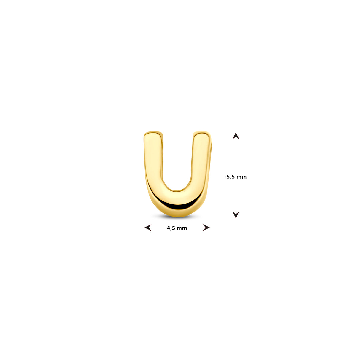 Afmetingen van de 9 karaat geelkleurige letterhanger, letter U: 5,5 mm hoog