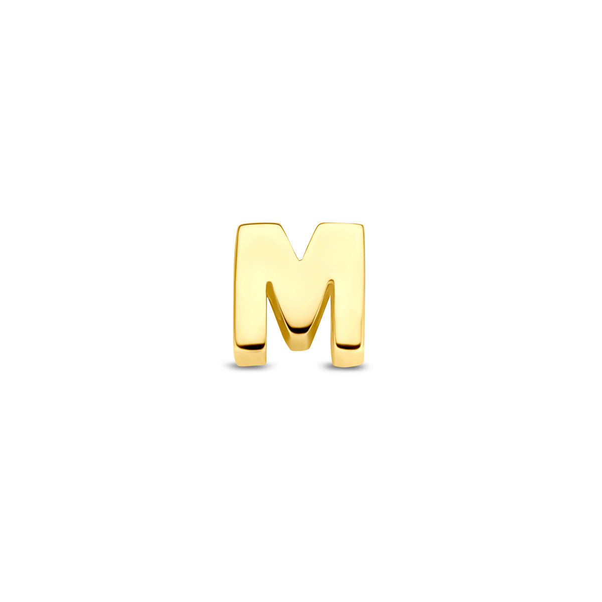 Vooraanzicht van de 9 karaat geelkleurige letterhanger, letter M
