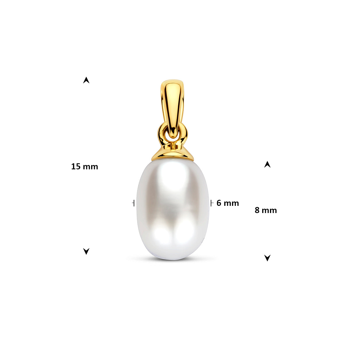 Afmetingen van de parel hanger van 9 karaat geelkleurig met ovale parel: 15 mm hoog inclusief oog, parel 8 x 6 mm