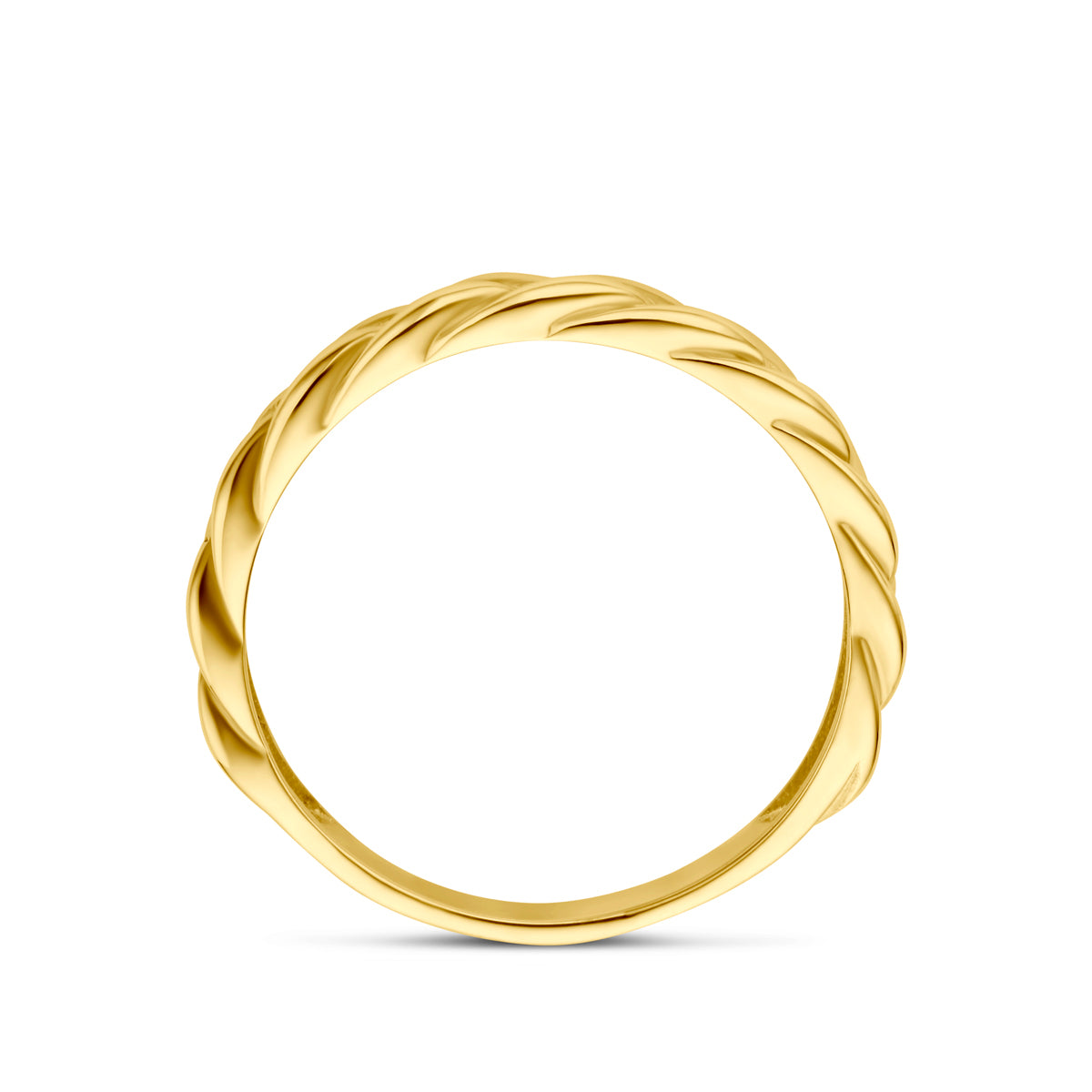 Liggend vooraanzicht van de gevlochten ring van 9 karaat geelkleurig met vossestaartmotief