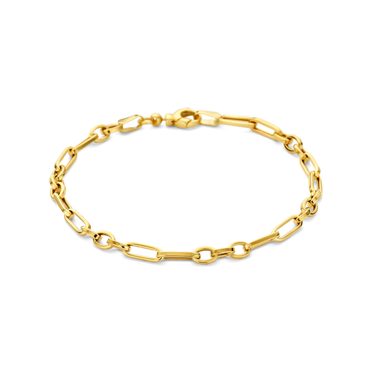 Vooraanzicht van de 9 karaat geelkleurige ankerarmband, 18,5 cm lang en 4 mm breed.