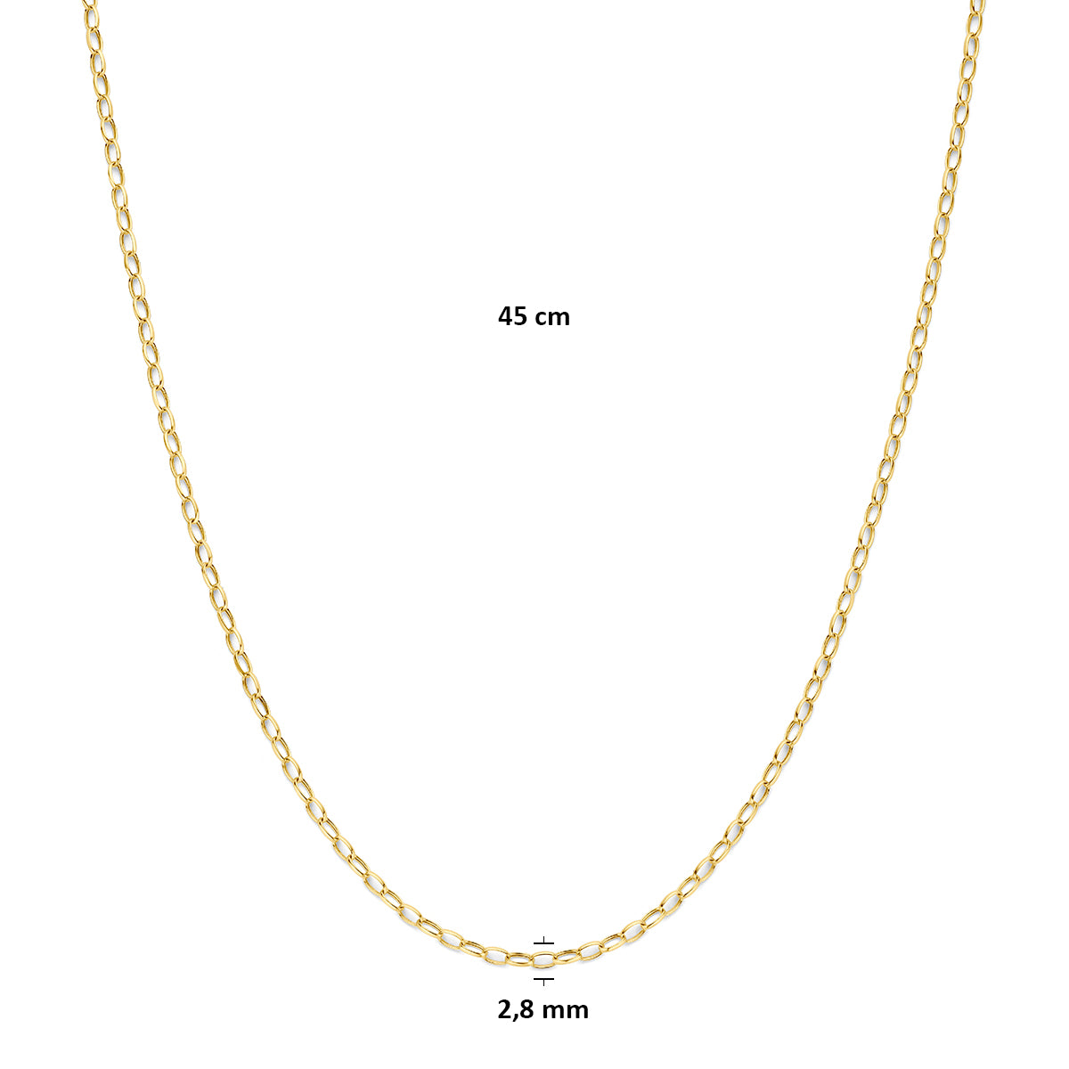 9 karaat ketting: afmetingen van de 9 karaat geelkleurige ankerketting, lengte 45 cm, schakel van 2,8 mm breed.
