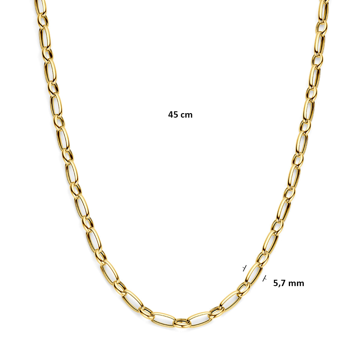 9 karaat ketting: afmetingen van de 9 karaat geelkleurige ankerketting, schakel van 5,7 mm breed en lengte 45 cm.