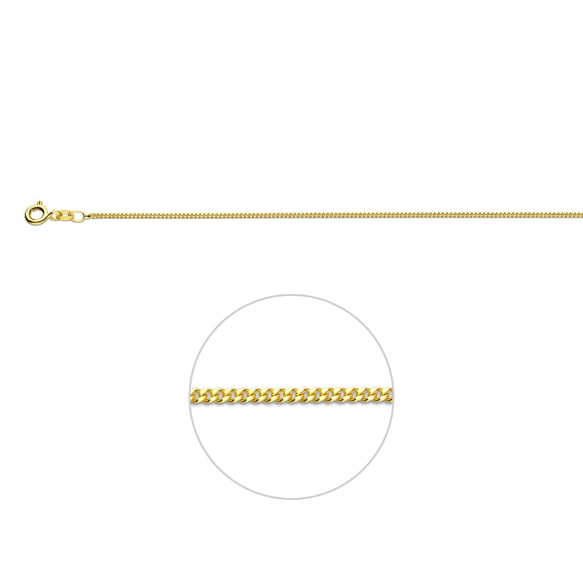 9 karaat armband: 9 karaat geelkleurige gourmette armband van 1,2 mm breed, vooraanzicht
