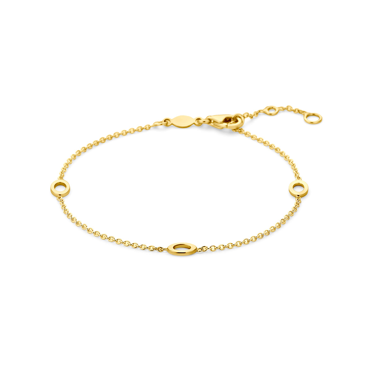 Vooraanzicht van de 9 karaat geelkleurige armband met open rondjes, 16,5 cm lang met een verlengstukje tot 18,5 cm.