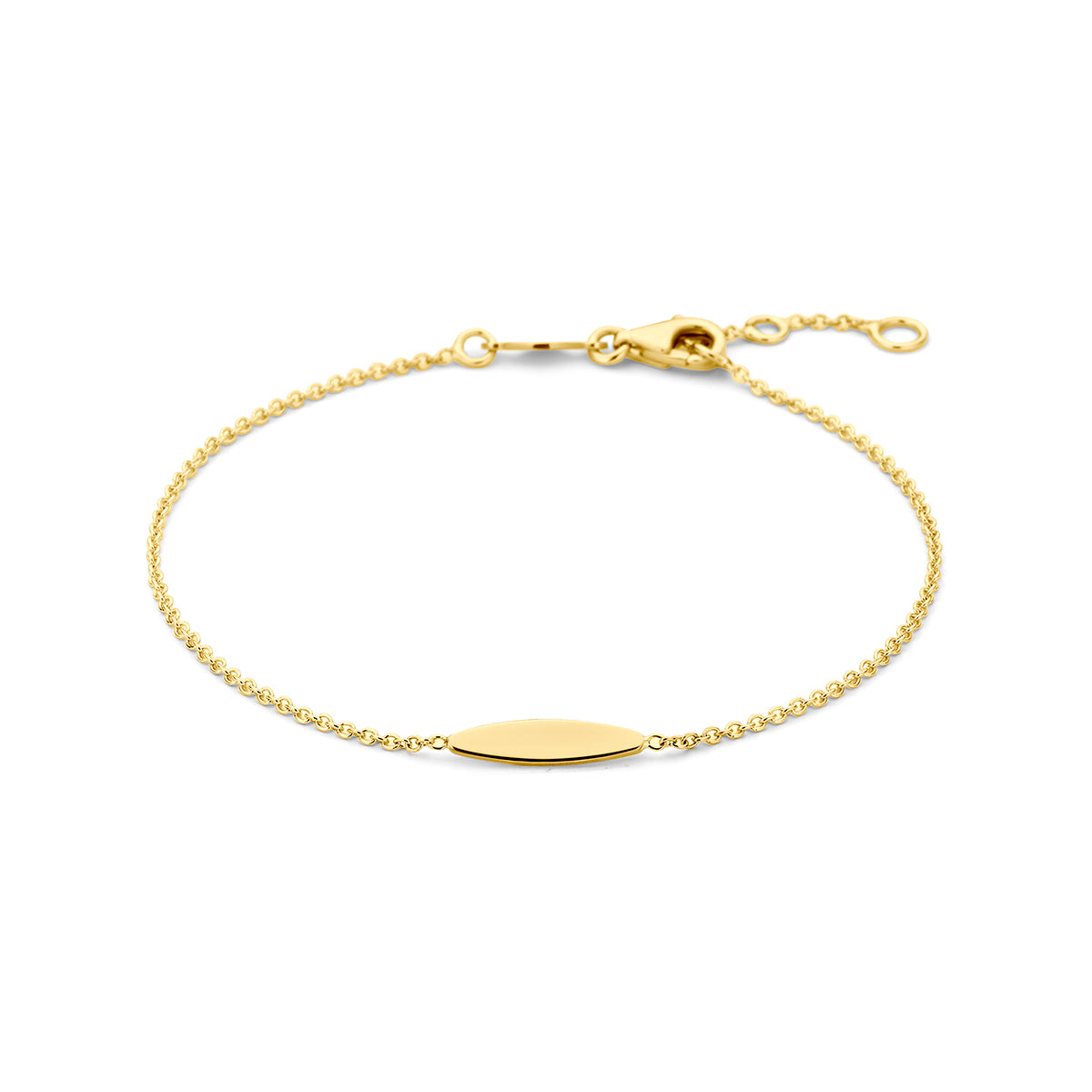Vooraanzicht van de 9 karaat geelkleurige armband ovaal tussenstuk, 16,5 cm lang met een verlengstukje tot 18,5 cm.