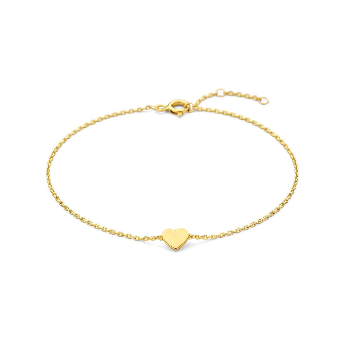 Vooraanzicht van het 9 karaat geelkleurig armbandje met hartje, 5 mm hoog en 5,5 mm breed.