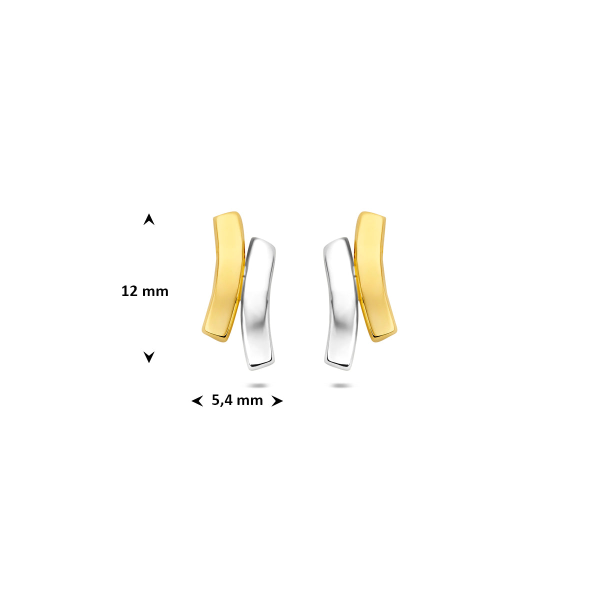 Technische afbeelding van de 9 karaat geelkleurige bicolor oorknopjes met afmetingen, 12 mm hoog en 5,4 mm breed.