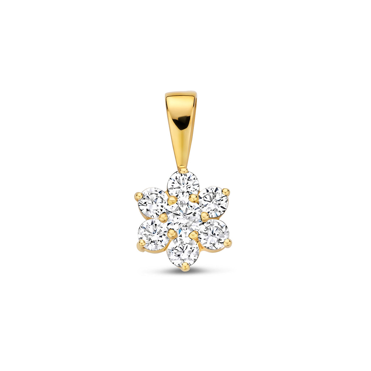 Vooraanzicht van de 9 karaat geelkleurige bloem hanger met zirkonia, 14 mm hoog en 7 mm breed.