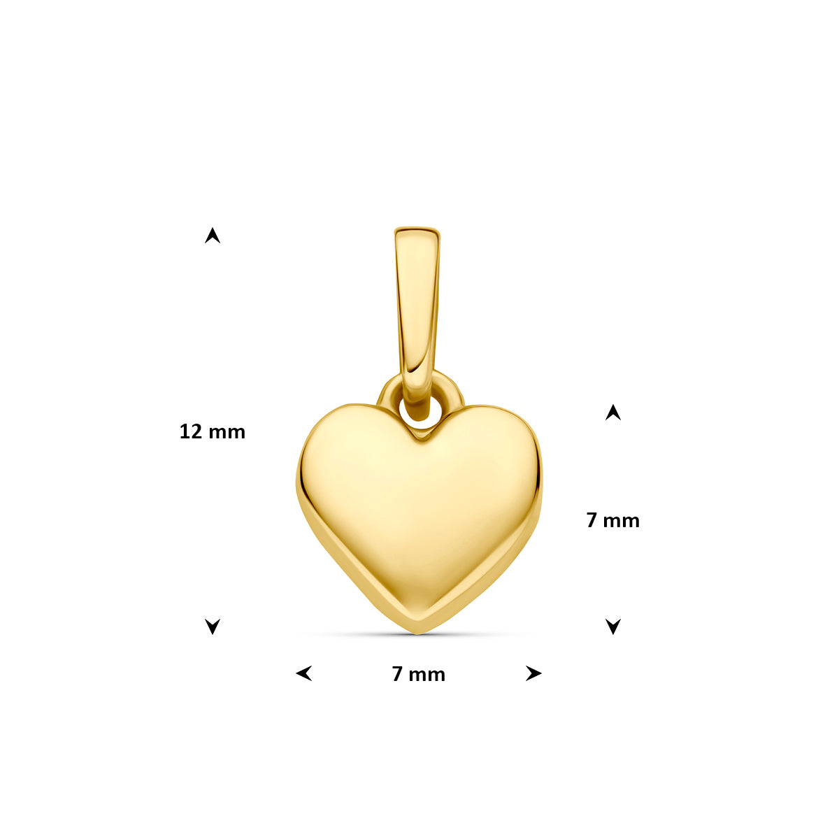 Hartje hanger: afmetingen van de 9 karaat geelkleurige bol hartje hanger, 12,0 mm hoog inclusief oog en 7,0 mm breed.